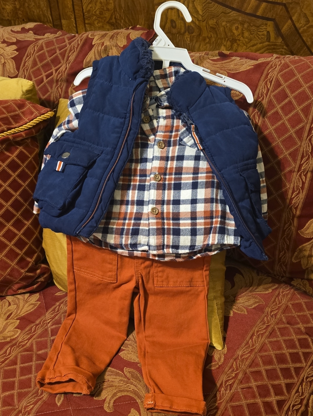 Kids Navy & Orange Plaid Matching Set - Vest, Shirt & Pants [12 Month]